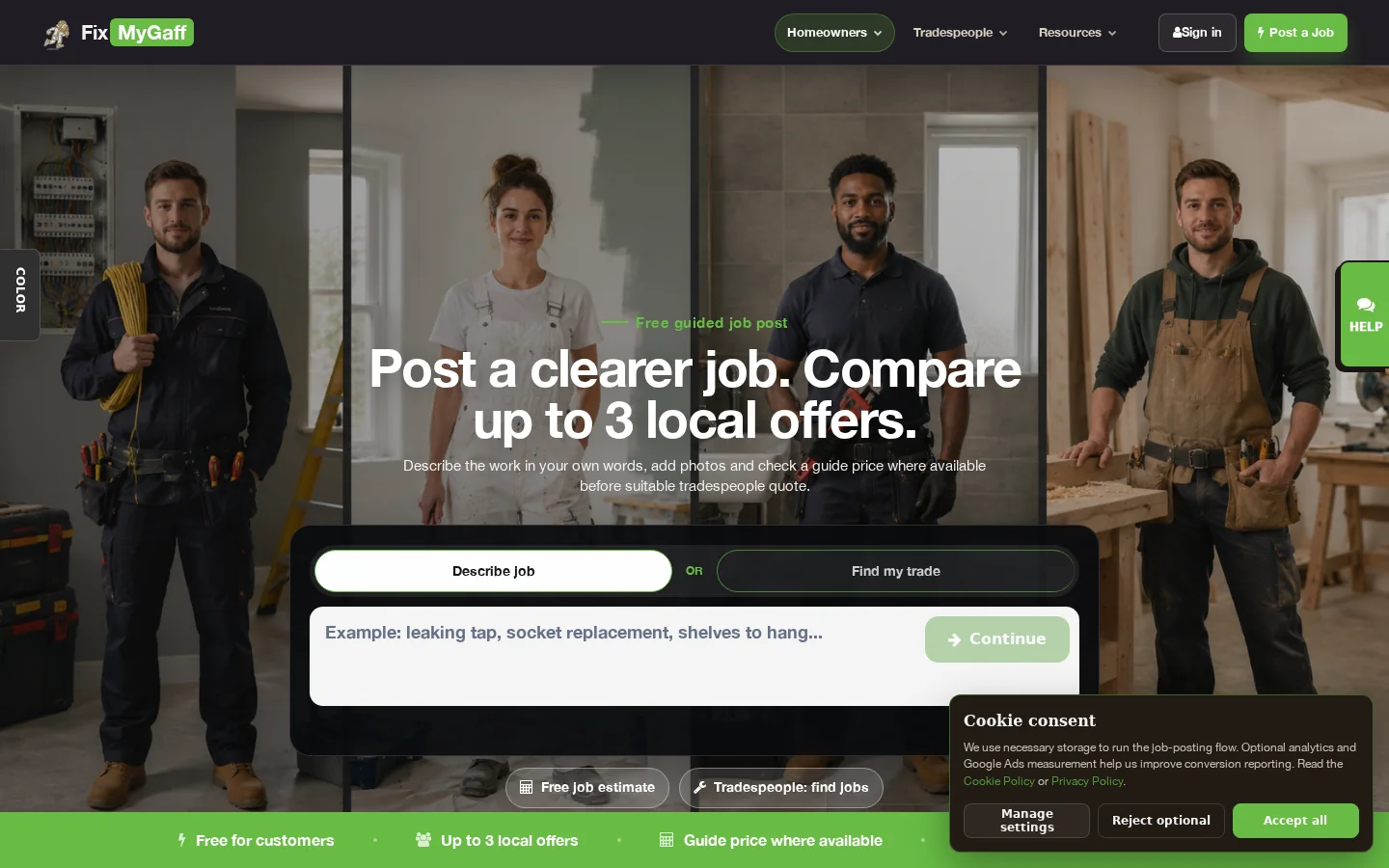FixMyGaff post a job flow for homeowners