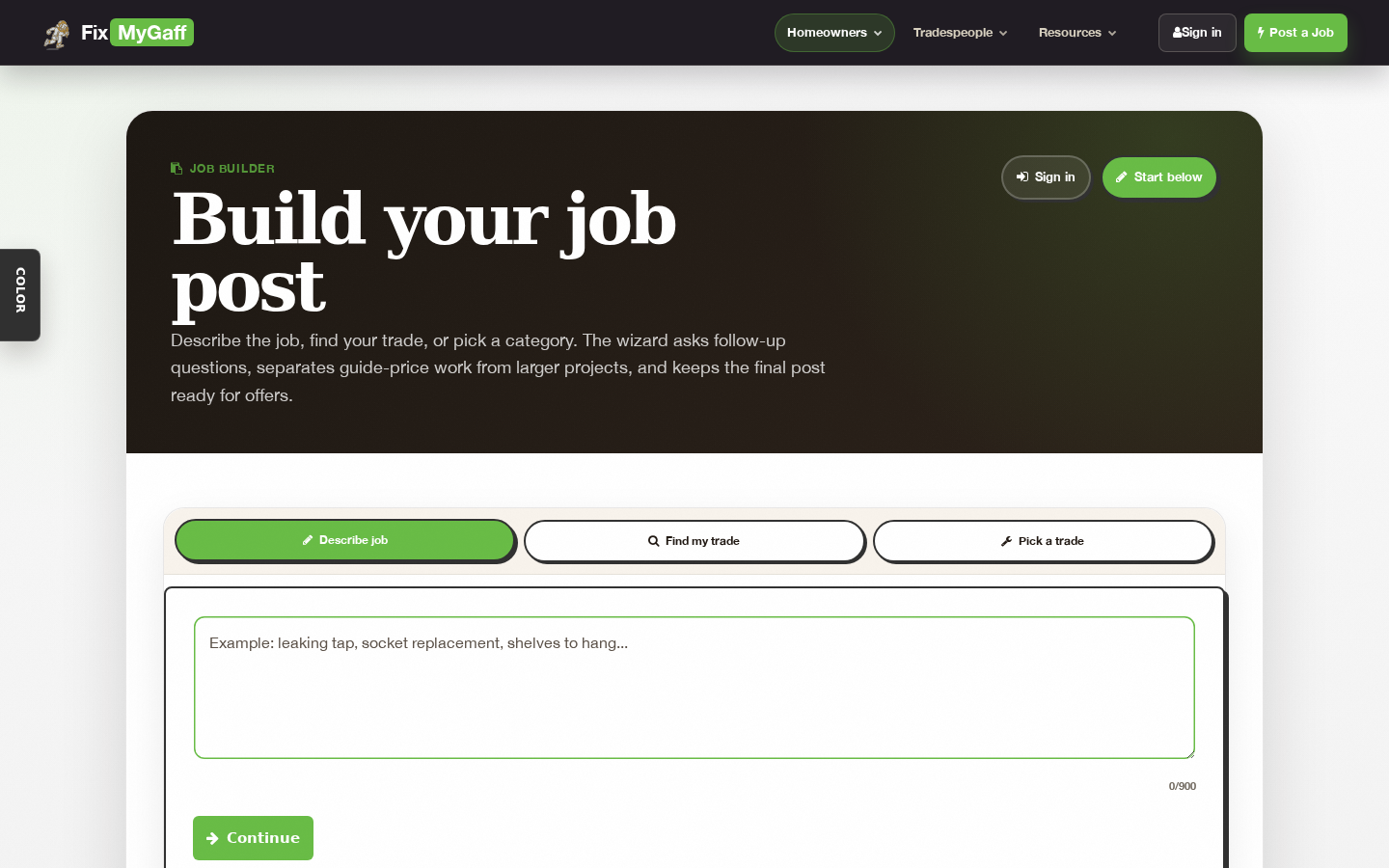 FixMyGaff AI quote wizard — describe your job and get a guide price