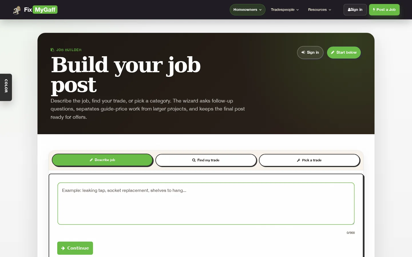 FixMyGaff AI quote wizard — describe your job and get a guide price