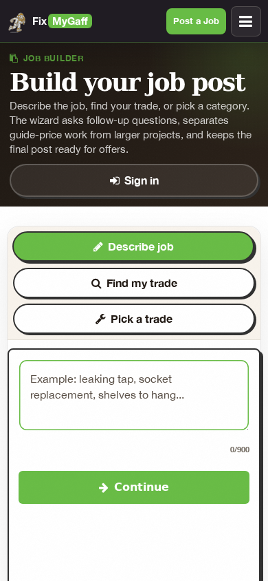 FixMyGaff quote wizard on mobile