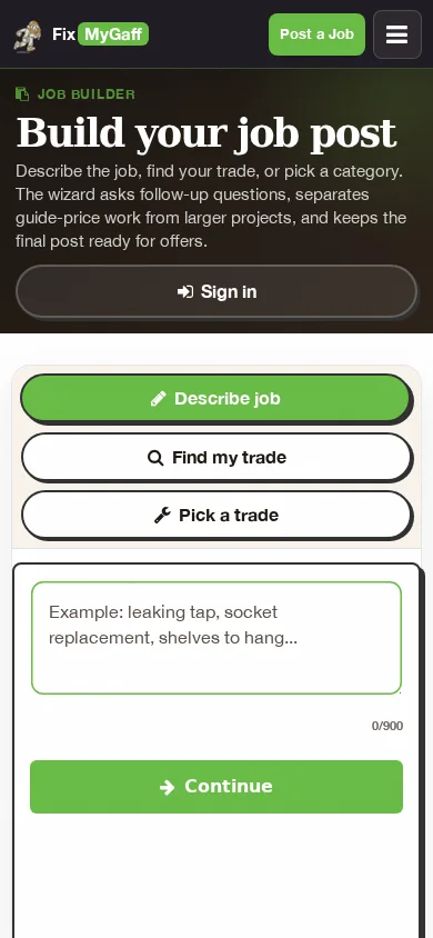 FixMyGaff quote wizard on mobile