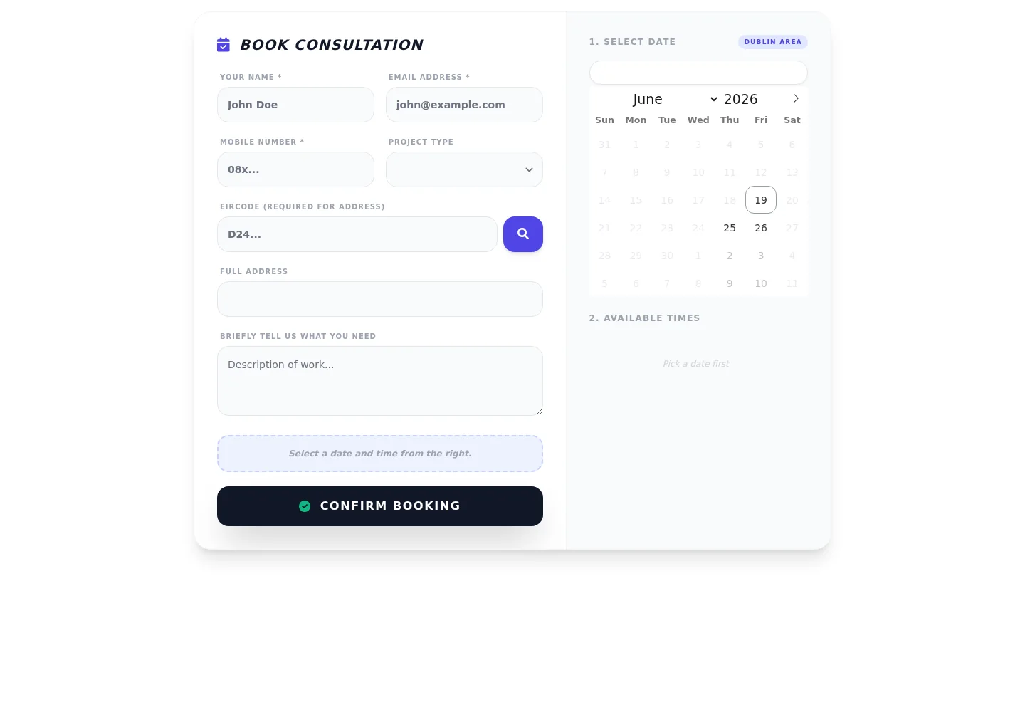 TradeOps HQ public booking and scheduling screen