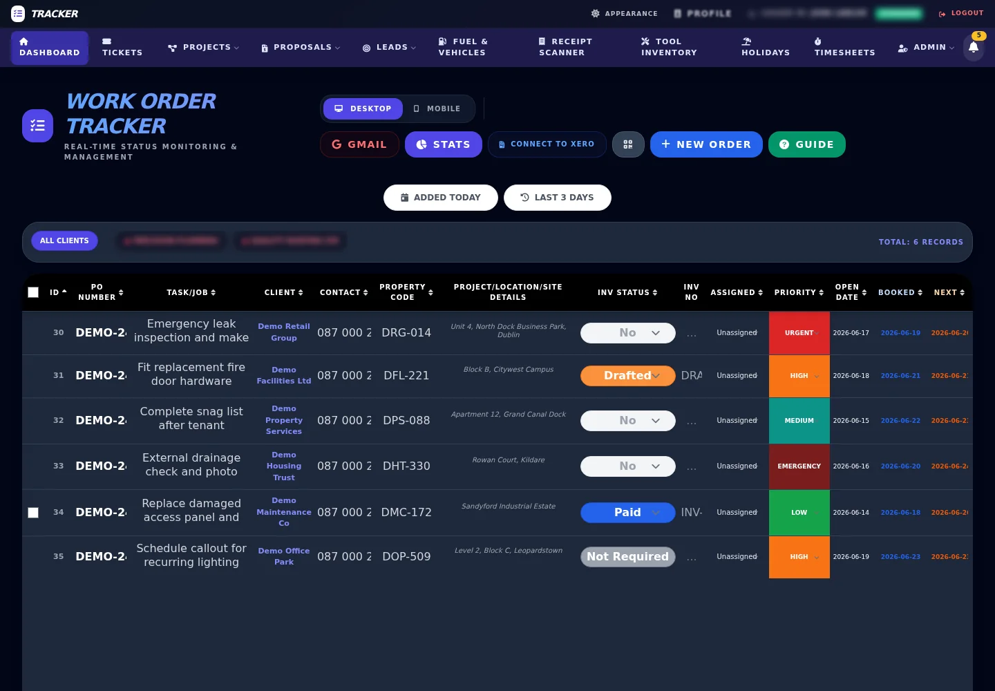 Work order tracker dashboard interface showing operational records and status views
