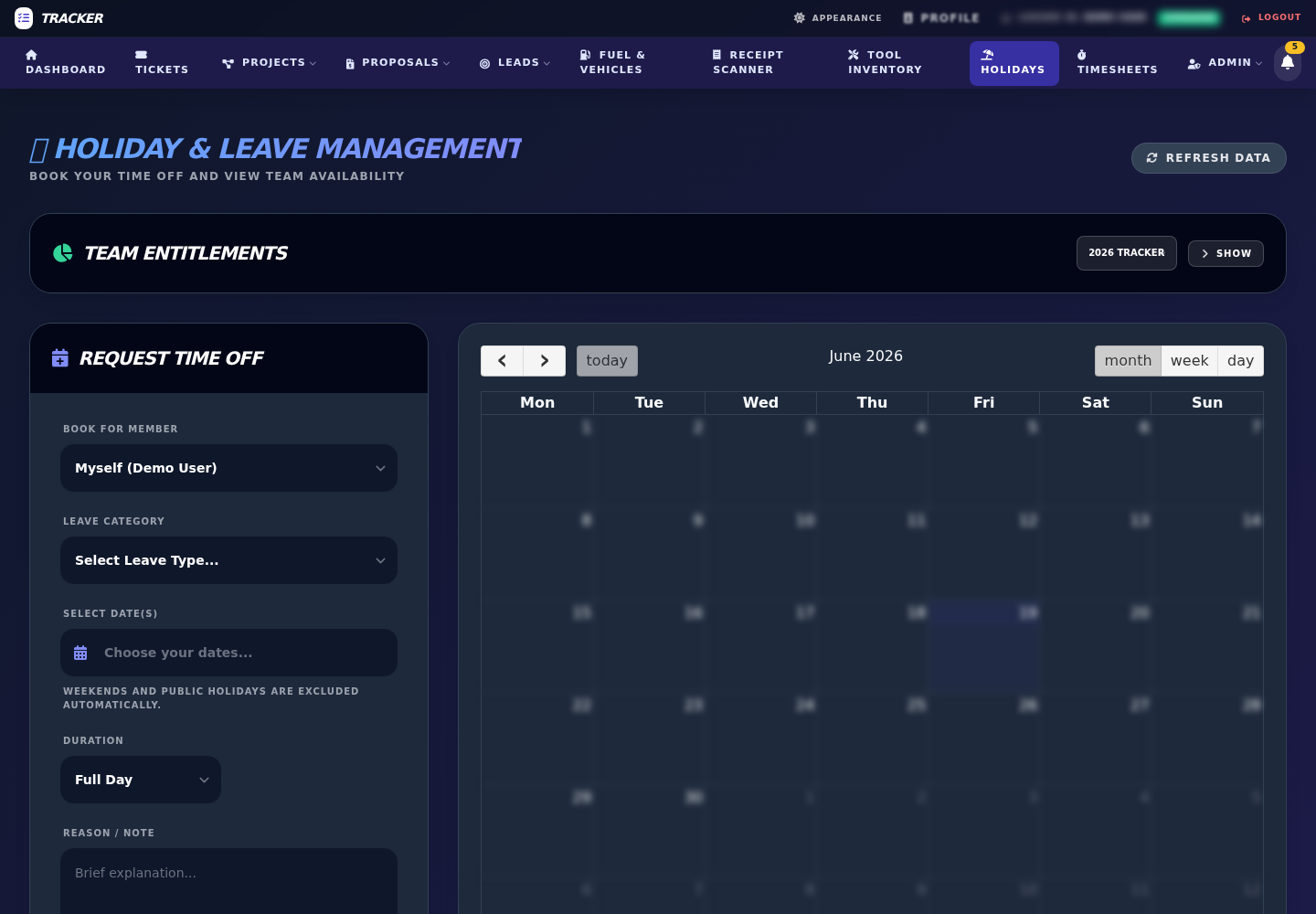 TradeOps HQ HRM holiday and team calendar module