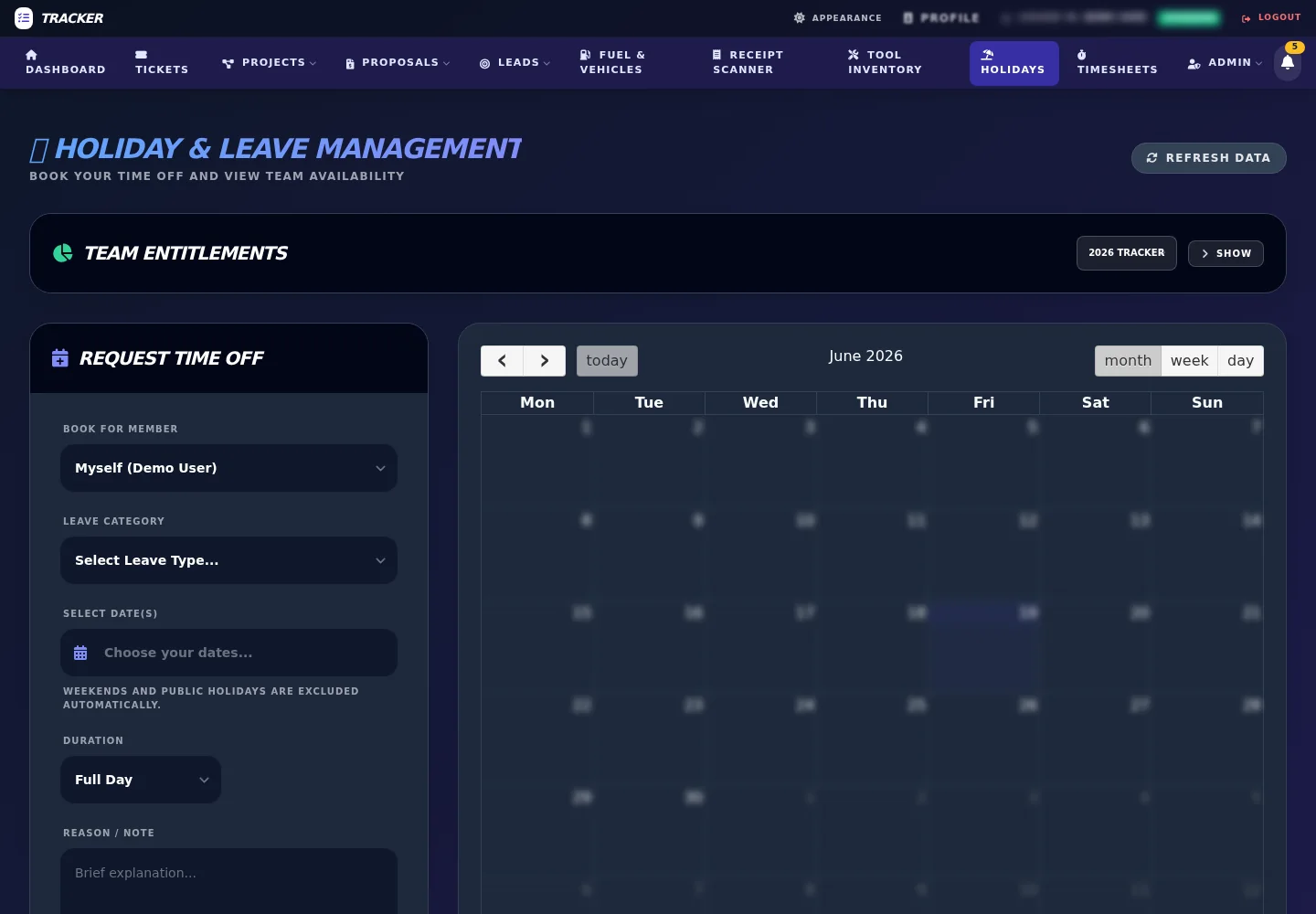 TradeOps HQ HRM holiday and team calendar module