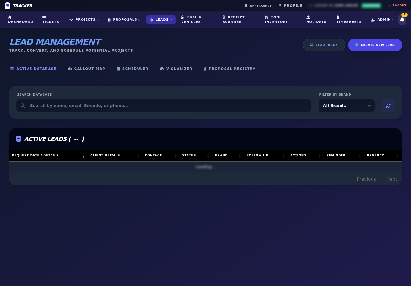 TradeOps HQ lead management module with filters and lead records