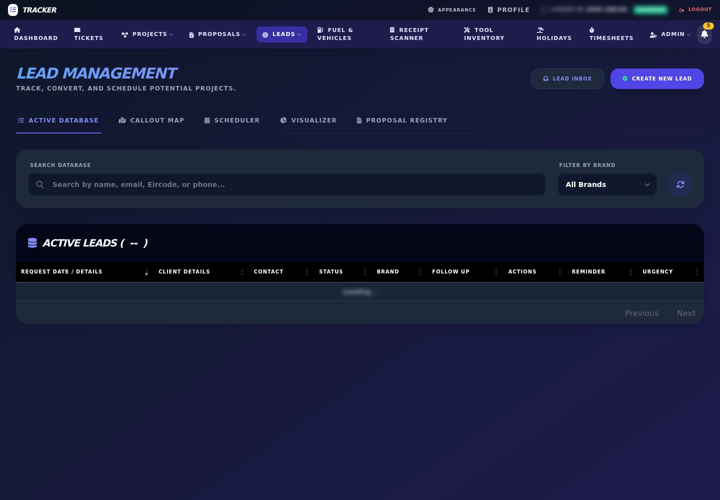 TradeOps HQ lead management module with filters and lead records