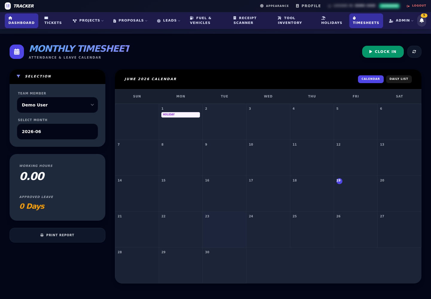 TradeOps HQ monthly timesheet module with attendance calendar and clock-in controls